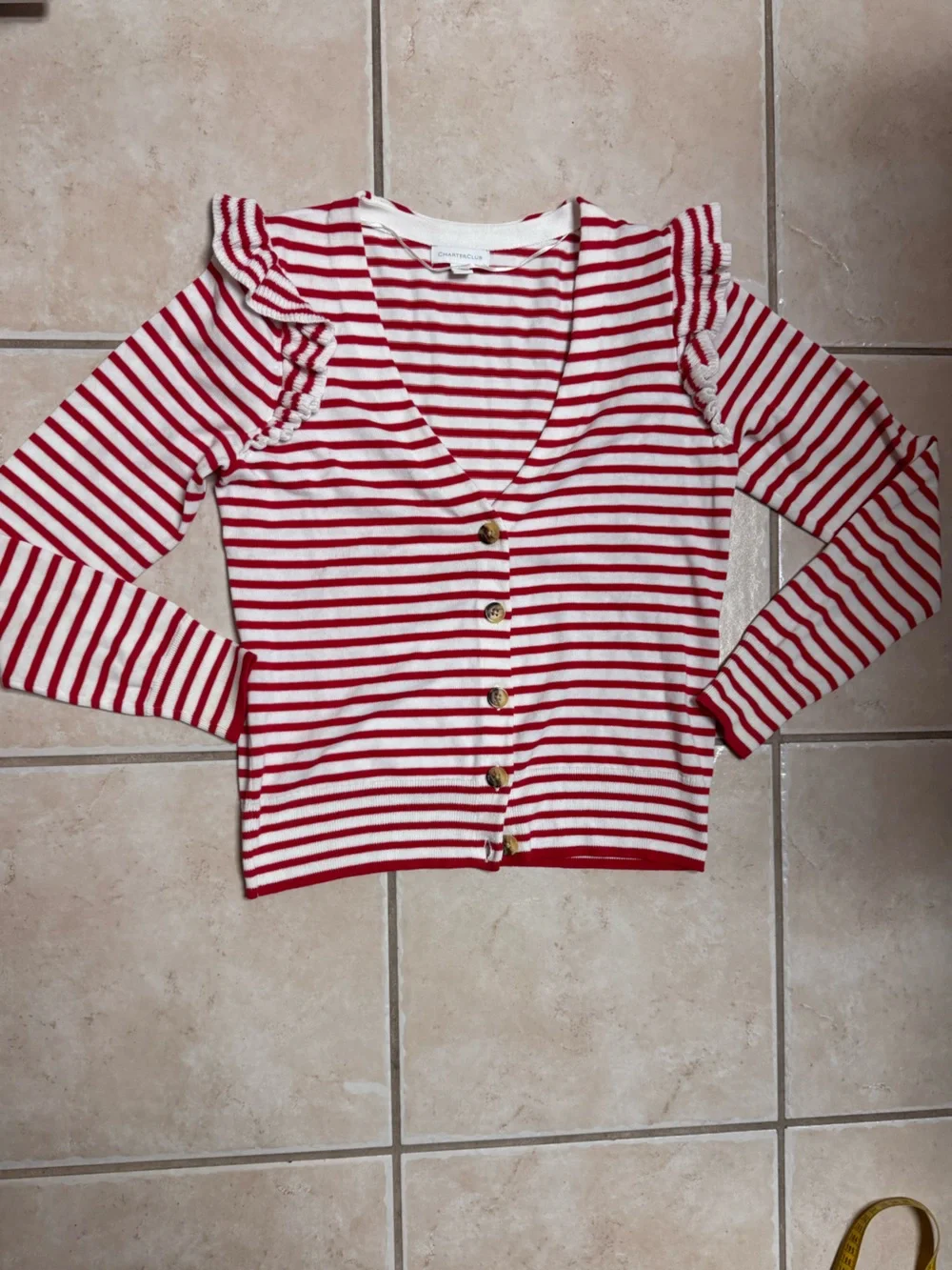 Charter Club Women’s Sail Away Red and White Striped Ruffle Shoulder Cardigan